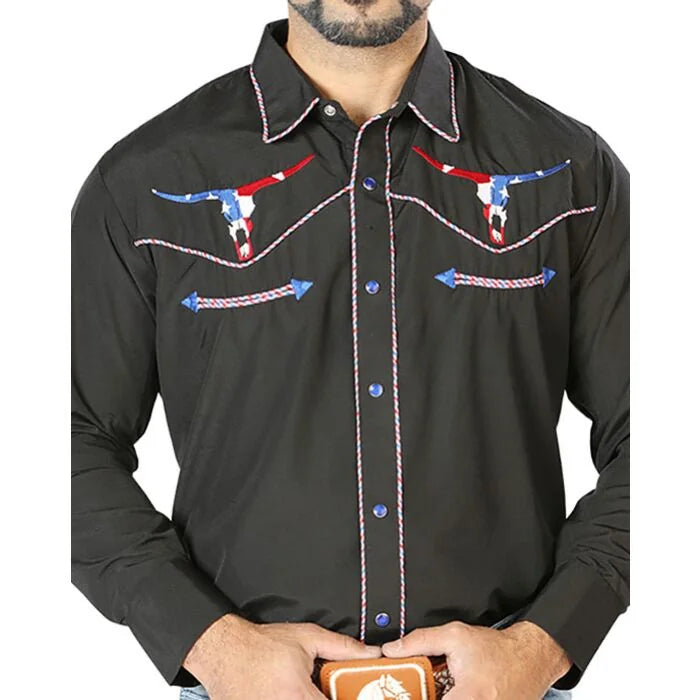 El General - Camisa Negra Bordada Calavera Toro Bighorn Texas 126671