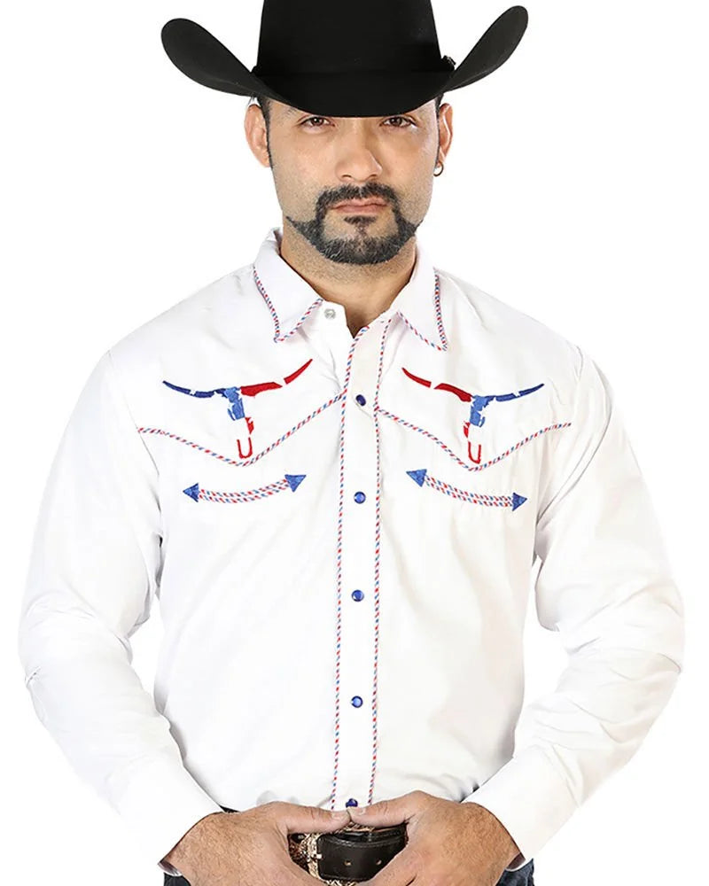 El General - Camisa Blanca Bordada Calavera Toro Bighorn Texas 126672