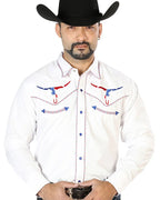 El General - Camisa Blanca Bordada Calavera Toro Bighorn Texas 126672