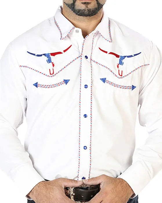 El General - Camisa Blanca Bordada Calavera Toro Bighorn Texas 126672