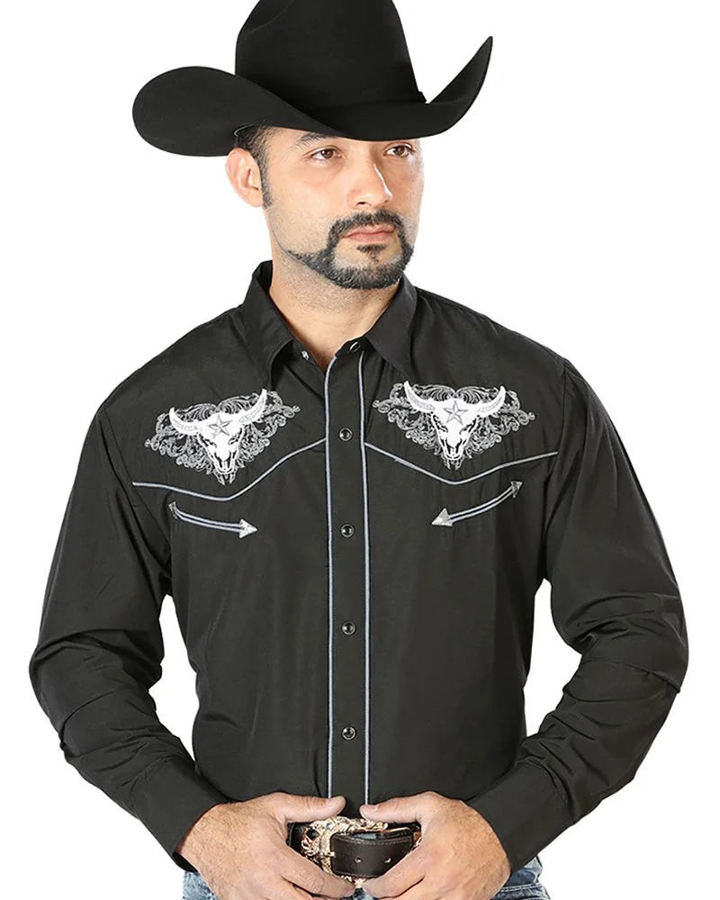 El General - Camisa Negra Bordada Calavera De Toro Con Estrella 126676