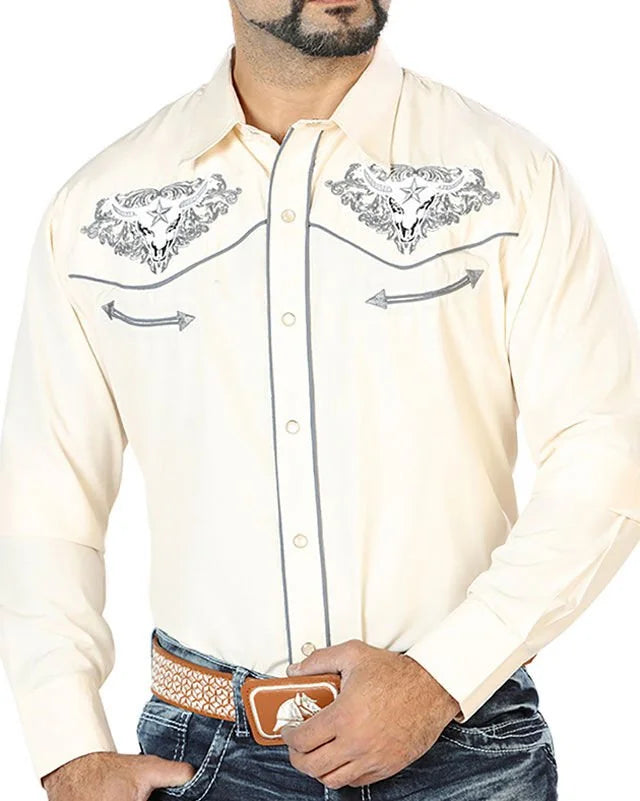 El General - Camisa Beige Bordada Calavera De Toro Con Estrella 126679