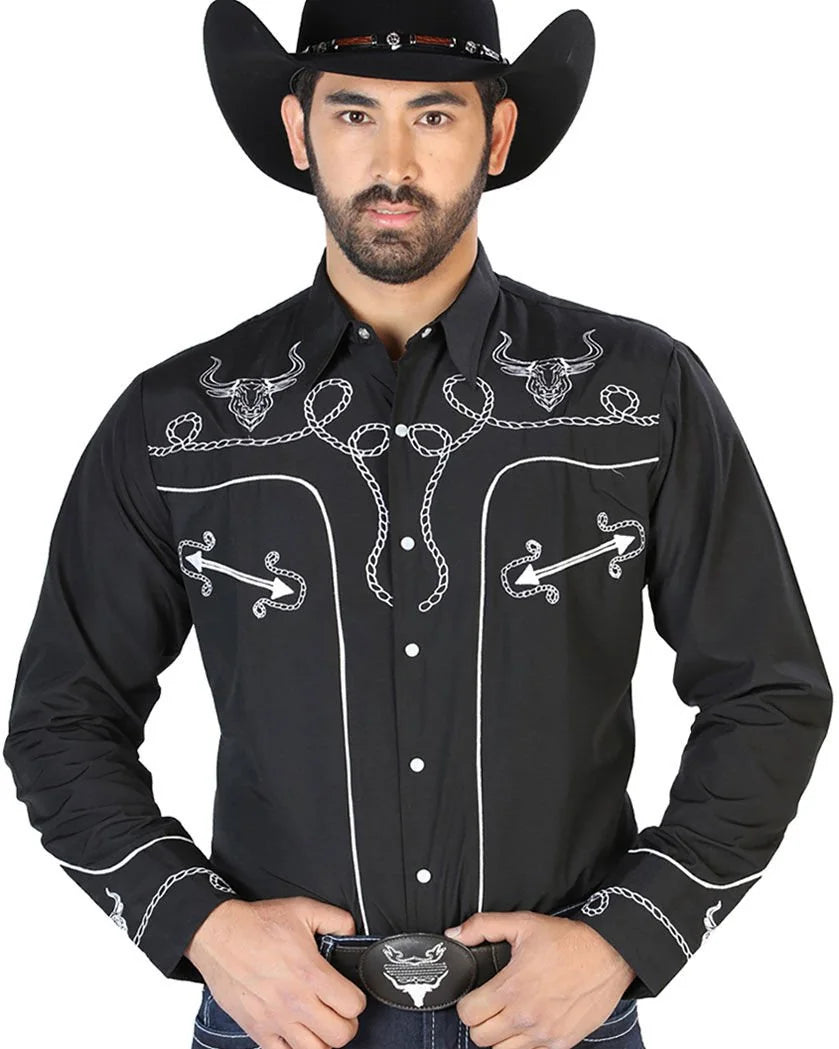 El General - Camisa Negra Bordada Soga Y Toro Cuernos Largos 126711
