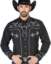 El General - Camisa Negra Bordada Soga Y Toro Cuernos Largos 126711