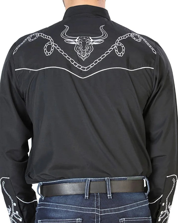 El General - Camisa Negra Bordada Soga Y Toro Cuernos Largos 126711