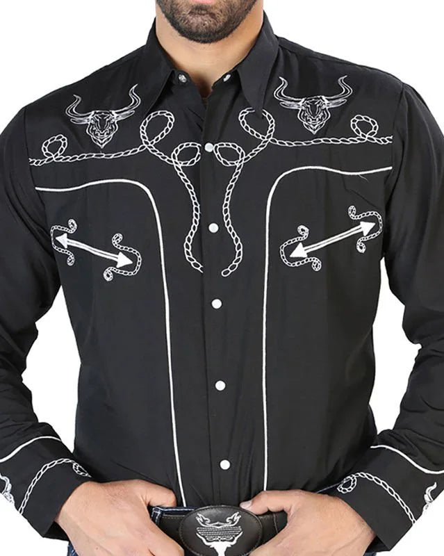 El General - Camisa Negra Bordada Soga Y Toro Cuernos Largos 126711