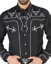 El General - Camisa Negra Bordada Soga Y Toro Cuernos Largos 126711