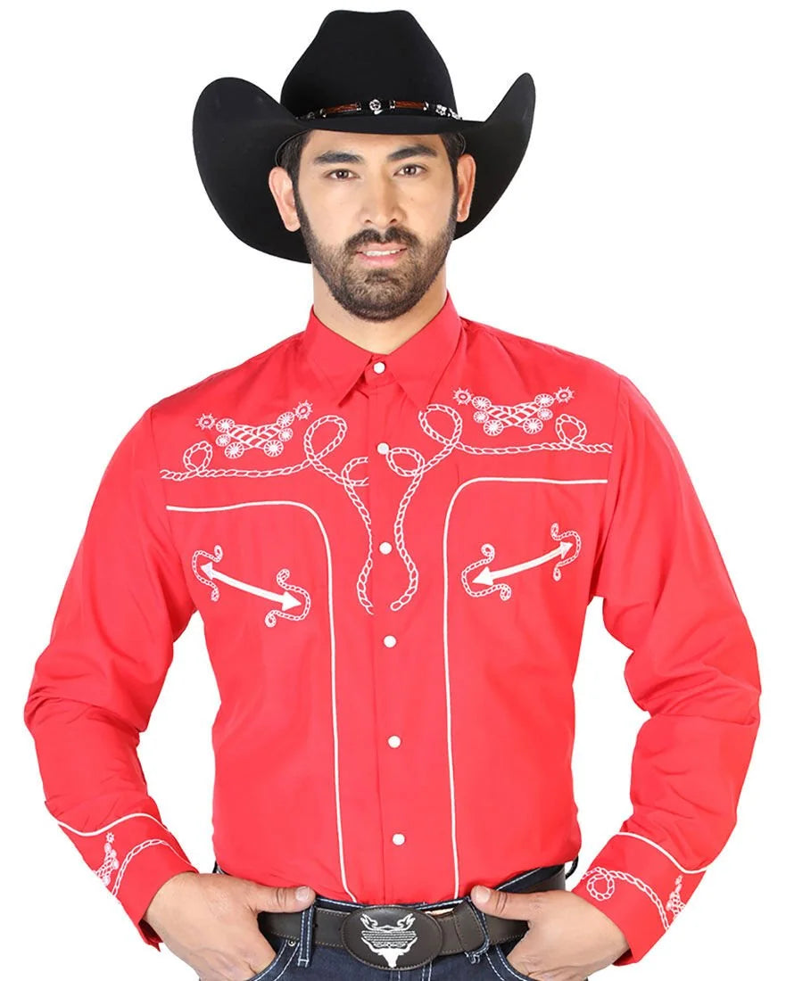 El General - Camisa Roja Bordada Diseño De Soga Y Espuelas 126719