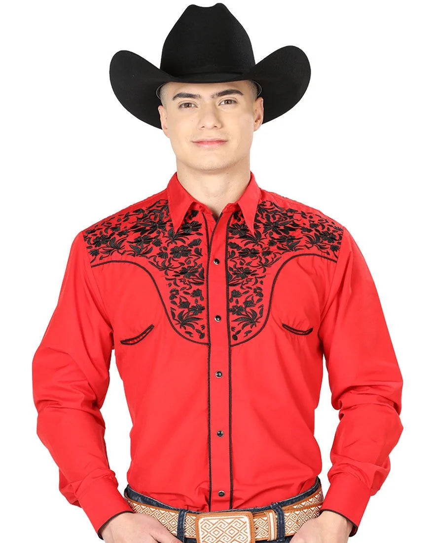 El General - Camisa El Señor DL Cielos Bordada Rojo-Negro Vaquera 43298