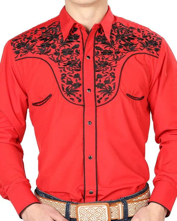 El General - Camisa El Señor DL Cielos Bordada Rojo-Negro Vaquera 43298
