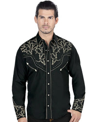 El General - Men's Black Western Shirt with Gold Embroidery & Snap Buttons 44338
