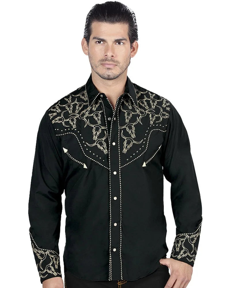 El General - Men's Black Western Shirt with Gold Embroidery & Snap Buttons 44338