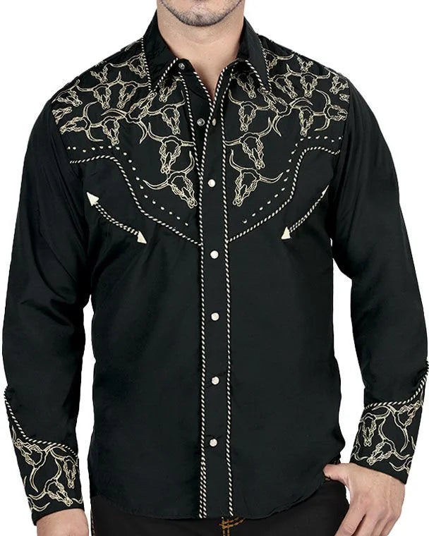 El General - Men's Black Western Shirt with Gold Embroidery & Snap Buttons 44338