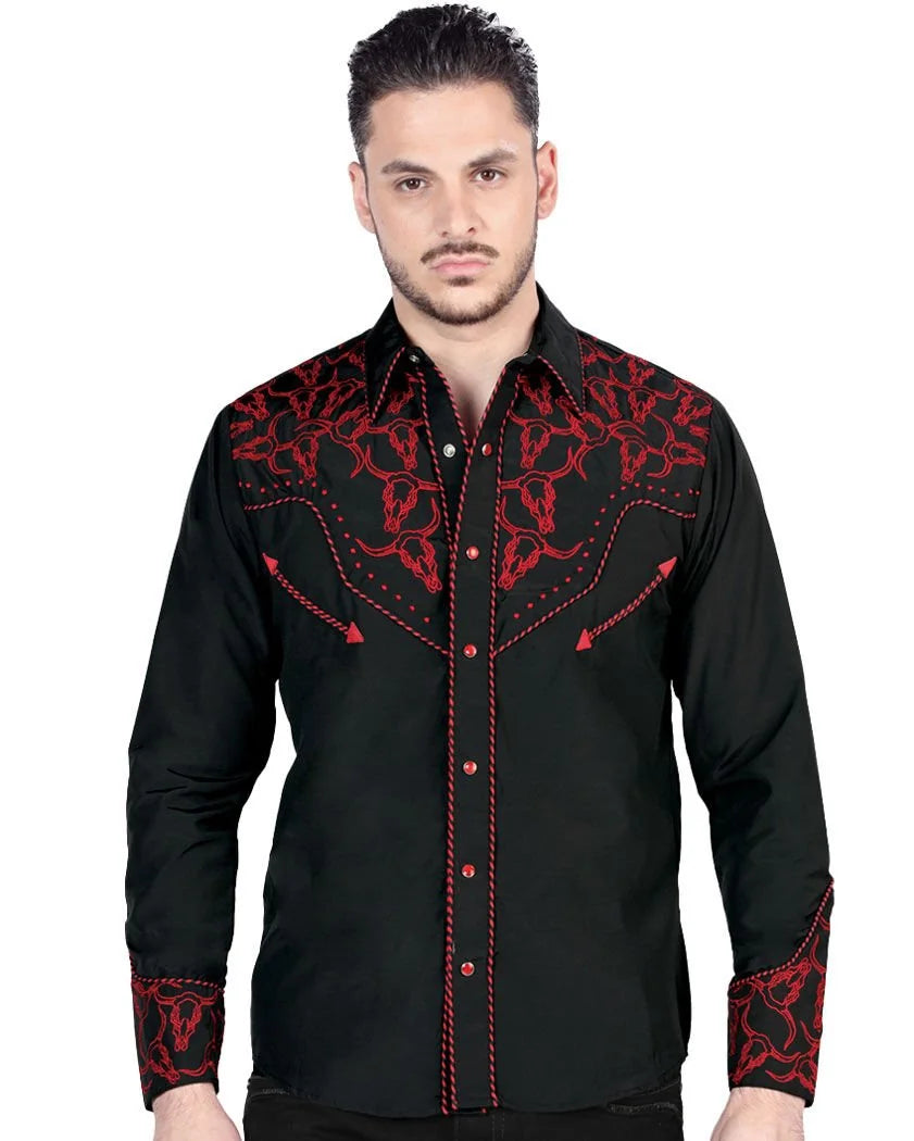 El General  -Men's Black Western Shirt with Red Embroidery & Snap Buttons 44339