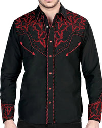 El General  -Men's Black Western Shirt with Red Embroidery & Snap Buttons 44339