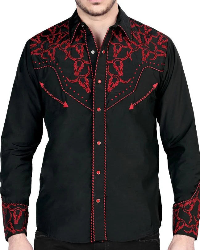 El General  -Men's Black Western Shirt with Red Embroidery & Snap Buttons 44339