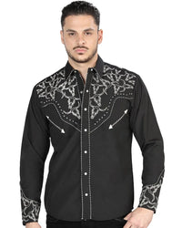 El General  -Men's Western Shirt with Silver Embroidery & Snap Buttons  Black  44340