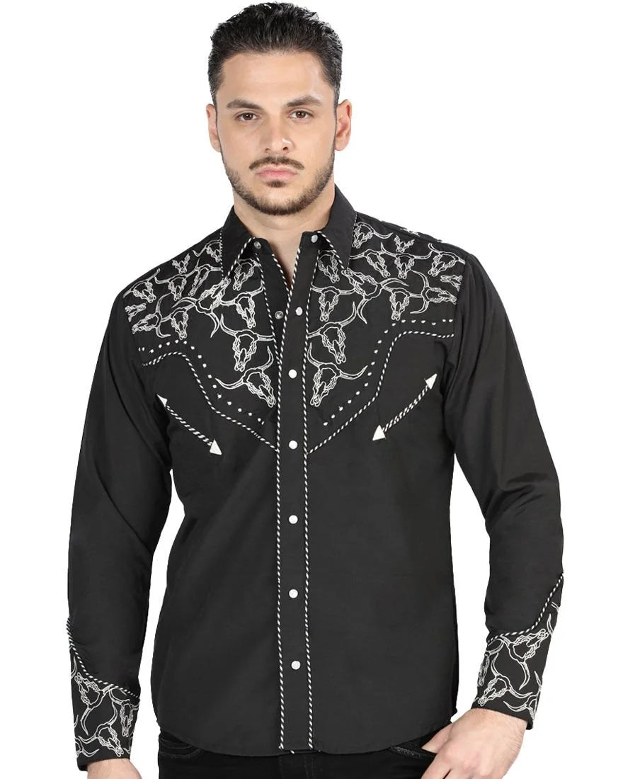 El General  -Men's Western Shirt with Silver Embroidery & Snap Buttons  Black  44340