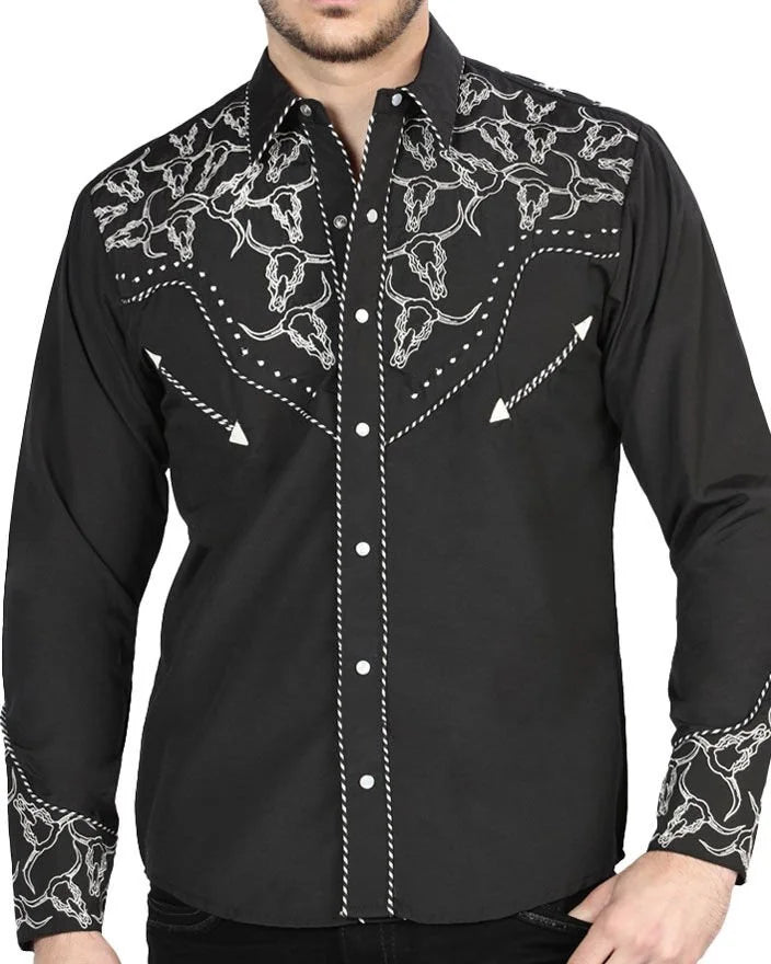 El General  -Men's Western Shirt with Silver Embroidery & Snap Buttons  Black  44340