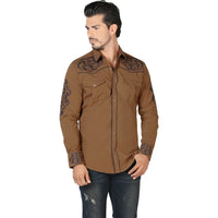 Lamasini Men's Embroidered Denim Shirt Black and Camel LAM-2200