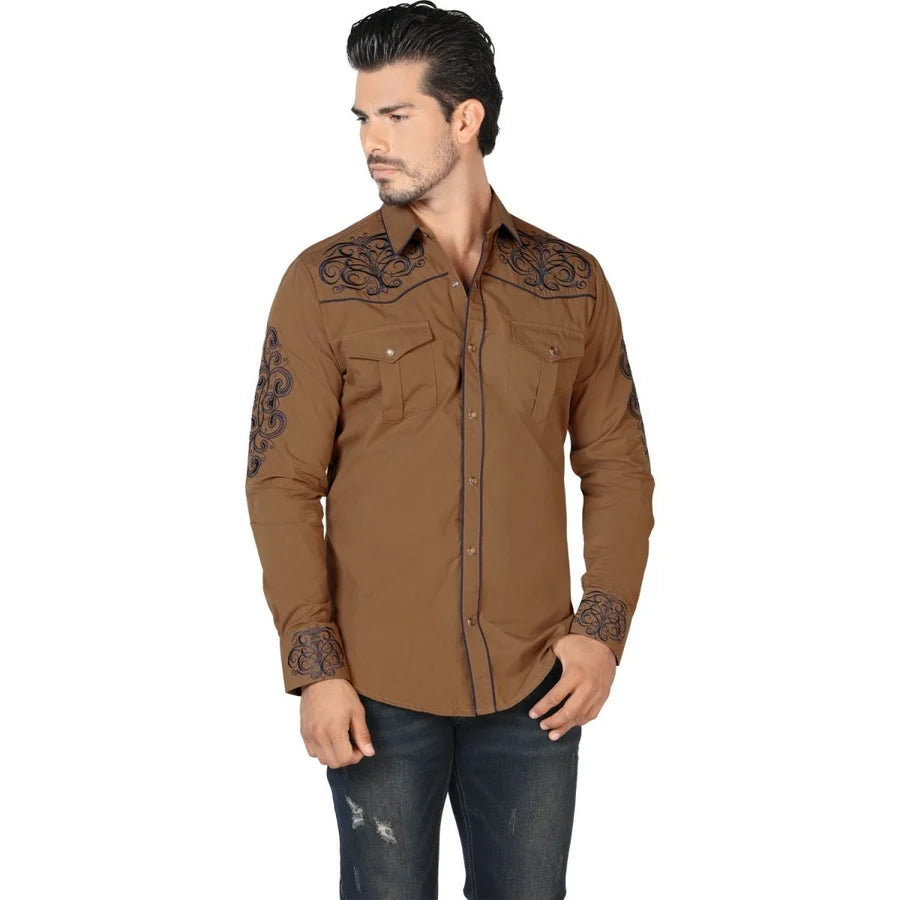Lamasini Men's Embroidered Denim Shirt Black and Camel LAM-2200