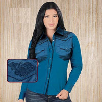 Lamasini Women's Teal Blue Embroidered Denim Shirt LAM-2316 TEAL
