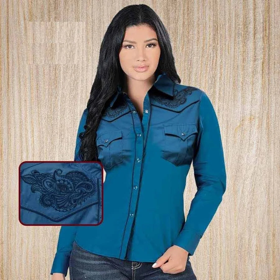Lamasini Women's Teal Blue Embroidered Denim Shirt LAM-2316 TEAL