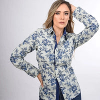 White Diamonds Boots Womens Embroidered Denim Shirt for Women Blue with Flowers WD-498