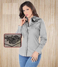 Lamasini Women's Embroidered Denim Shirt in Gray LAM-2316 GRIS