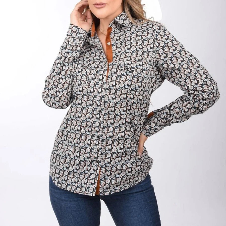 White Diamonds Boots Embroidered Western Shirt for Women in Black with Flowers WD-488