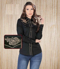 Lamasini Women's Black Embroidered Denim Shirt LAM-2316 BLACK
