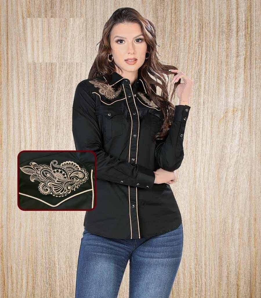 Lamasini Women's Black Embroidered Denim Shirt LAM-2316 BLACK