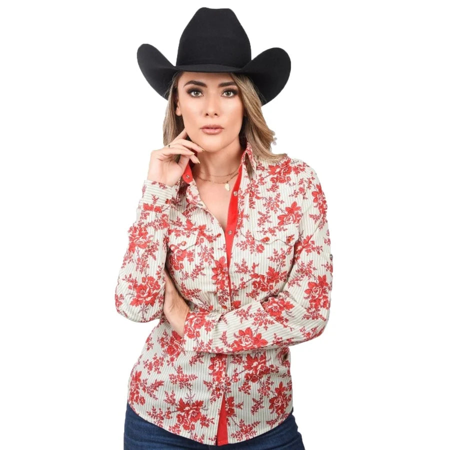 White Diamonds Boots Womens Embroidered Red Western Shirt for Women with Flowers WD-497