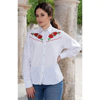 White Diamonds Boots Women's Embroidered Red Roses Denim Shirt WD-499