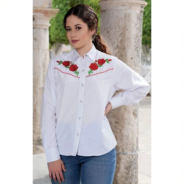 White Diamonds Boots Women's Embroidered Red Roses Denim Shirt WD-499