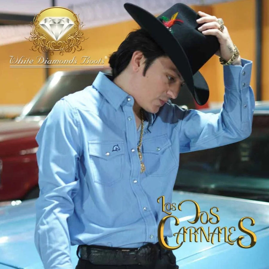 White Diamonds - Western Shirt with Snap Button, Double Pocket, and Embroidered Detail - Blue WD-Solid Western Shirt