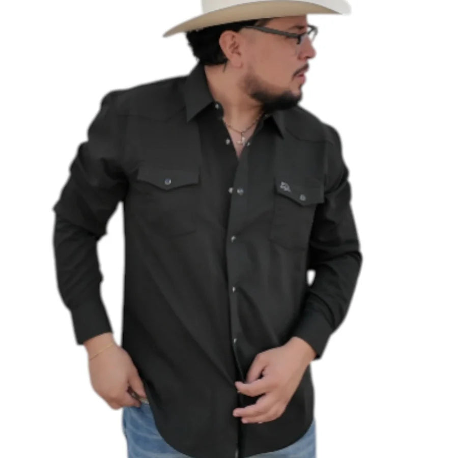 White Diamonds - Western Shirt with Snap Button, Double Pocket, and Embroidered Detail - Black WD-Solid Western Shirt