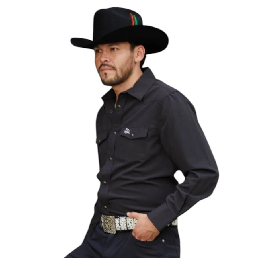White Diamonds - Western Shirt with Snap Button, Double Pocket, and Embroidered Detail - Black WD-Solid Western Shirt