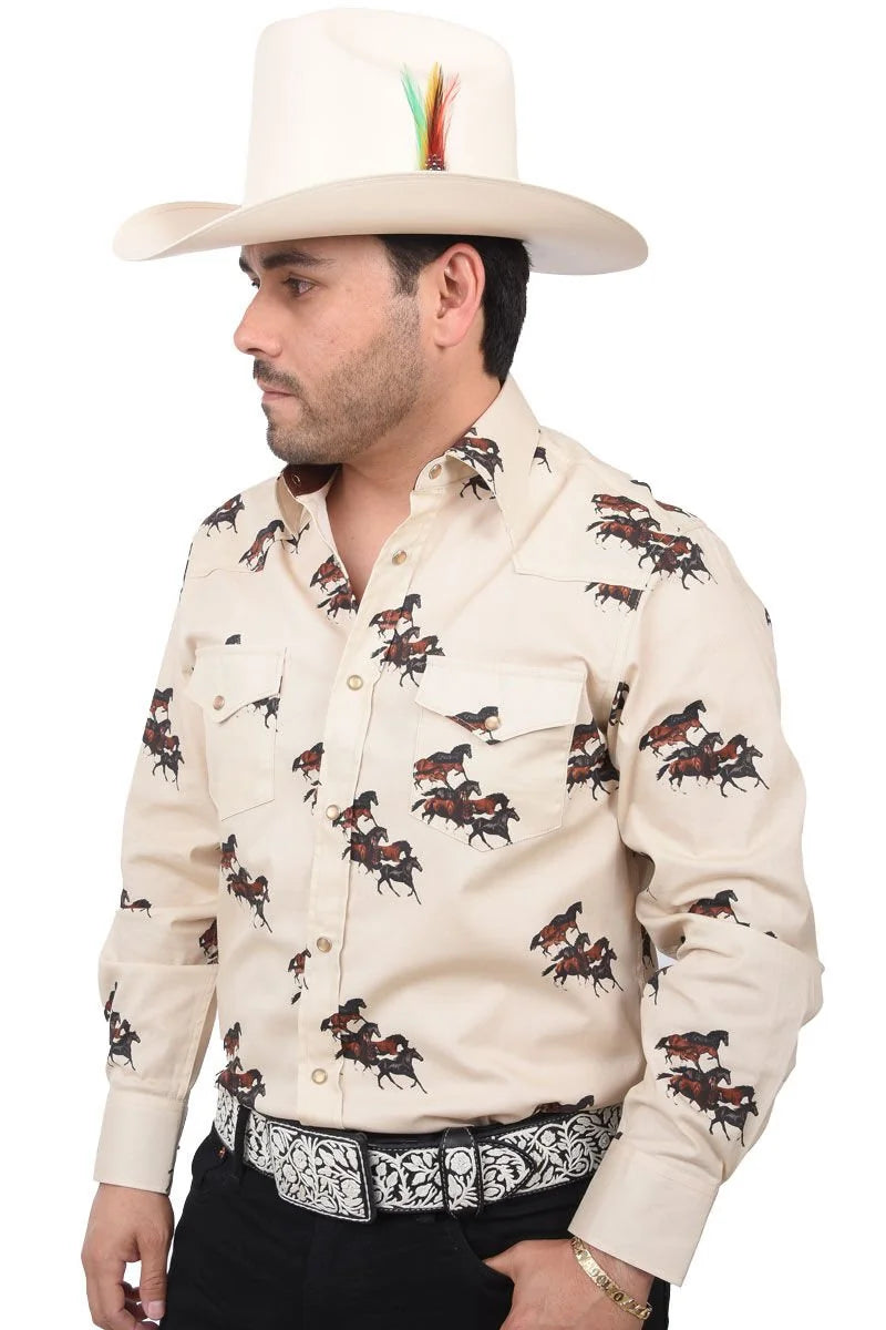 El General - Camisa Vaquera Beige Caballos WD 11-882