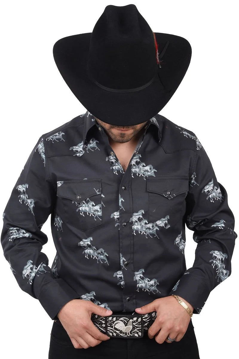 El General - Camisa Vaquera Negra Con Caballos WD 11-883