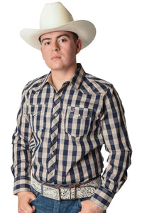 El General - Camisa Vaquera A Cuadros Beige-Azul  WD 12-848