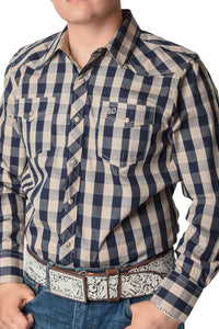 El General - Camisa Vaquera A Cuadros Beige-Azul  WD 12-848