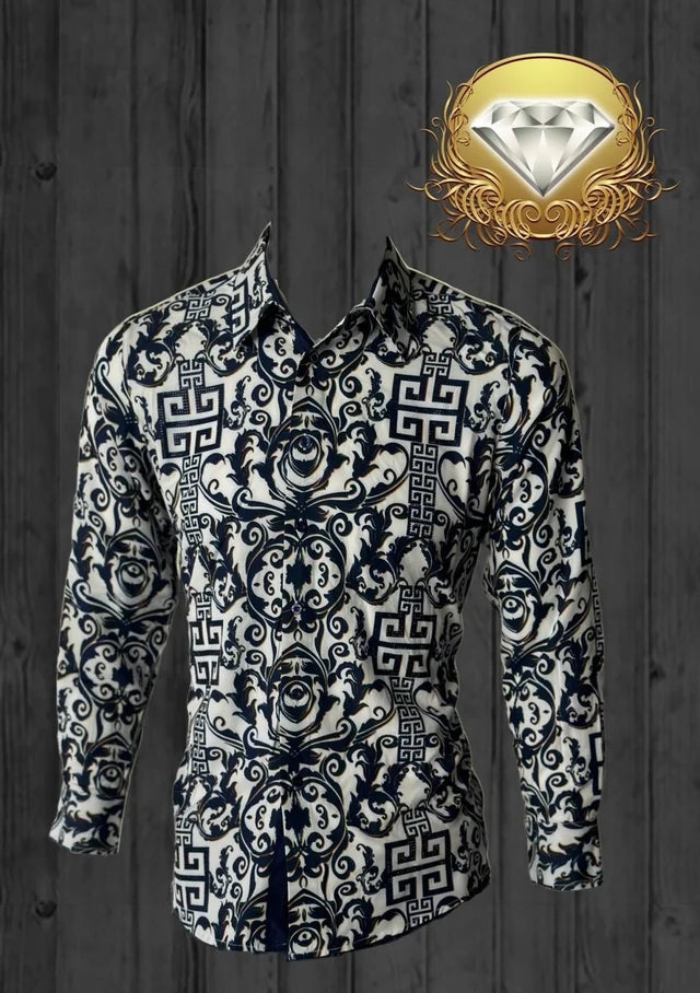 White Diamonds Grecas Fashion Denim Shirt - White with Navy WD-827