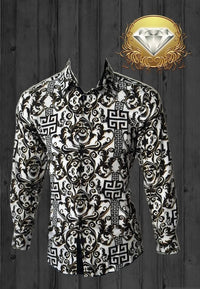 White Diamonds Grecas Fashion Denim Shirt - White with Black WD-828