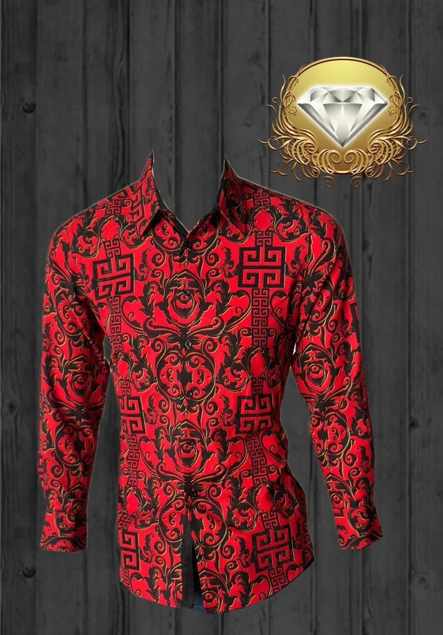 White Diamonds Grecas Fashion Denim Shirt - Red with Black WD-825