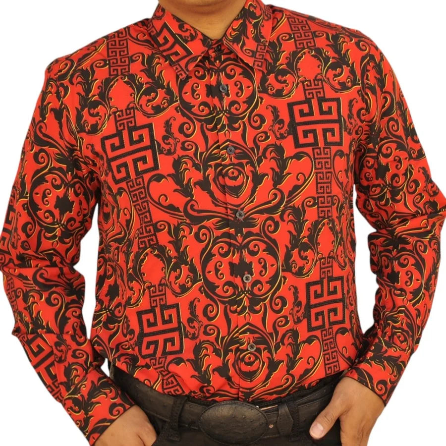 White Diamonds Grecas Fashion Denim Shirt - Red with Black WD-825
