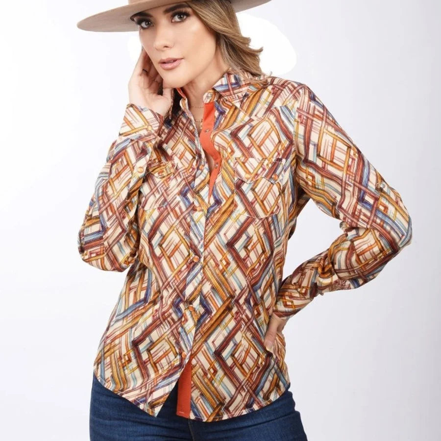 White Diamonds Boots Orange Printed Denim Shirt for Women WD-492