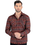 Lamasini - Men's Burgundy Geometric Pattern Shirt Snap Button Modern Fit 0106