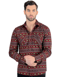 Lamasini - Men's Burgundy Geometric Pattern Shirt Snap Button Modern Fit 0106