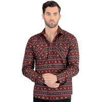 Lamasini - Men's Burgundy Geometric Pattern Shirt Snap Button Modern Fit 0106